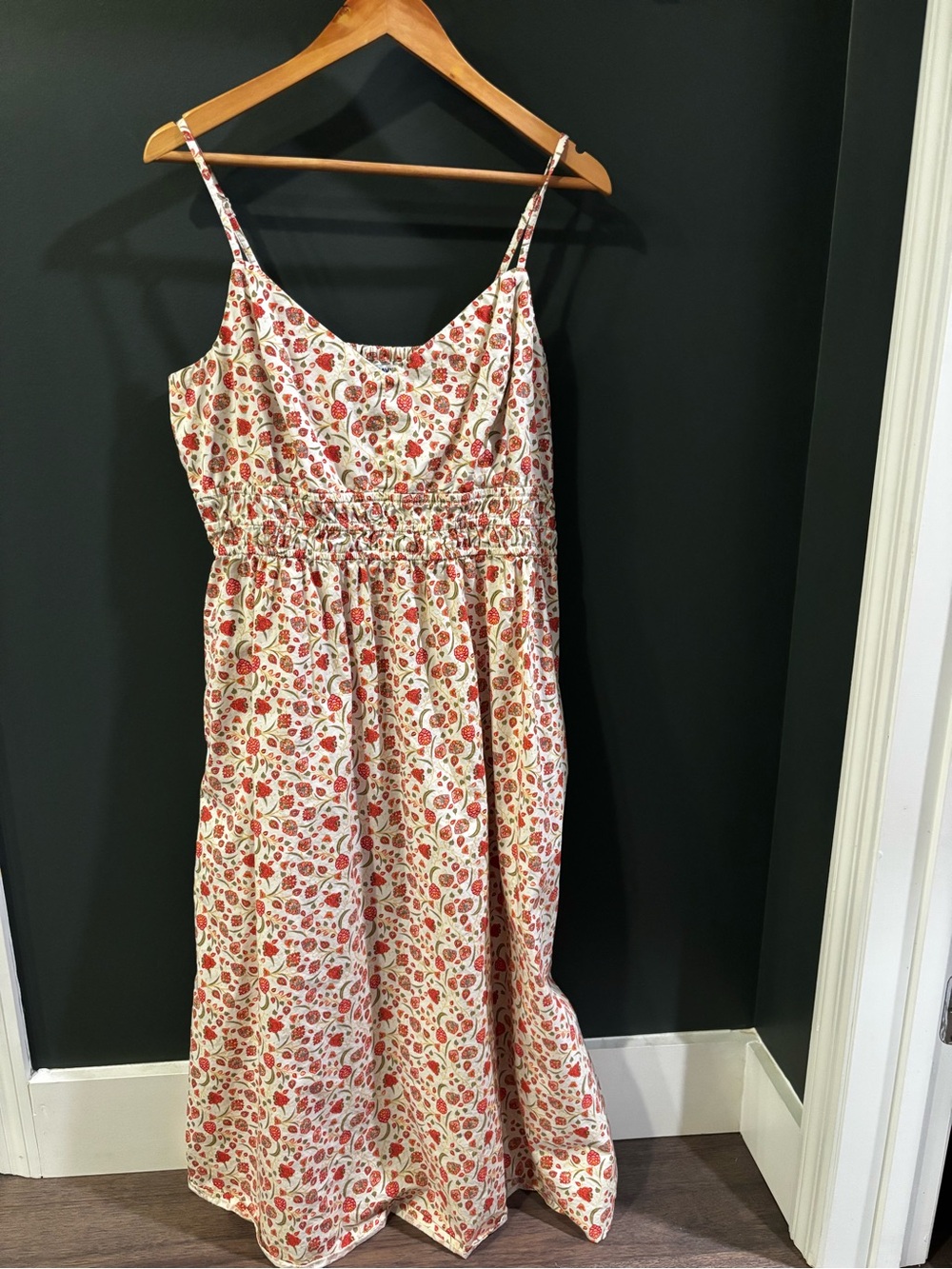 Old Navy Cream Midi Dress with Red Floral Print